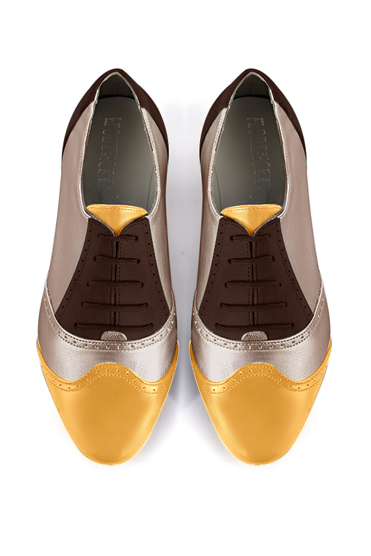 Mustard yellow, tan beige and dark brown women's fashion lace-up shoes. Round toe. Flat leather soles. Top view - Florence KOOIJMAN